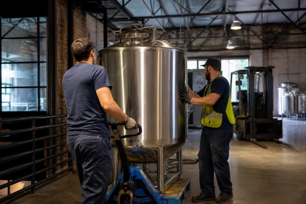 Flood Brothers crew moving bar equipment out of an Atlanta taproom at night