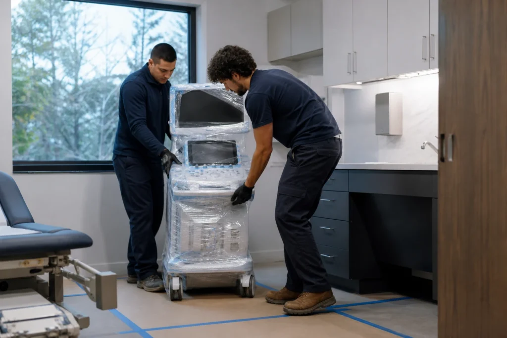 Flood Brothers crew moving medical equipment into an Atlanta clinic exam room