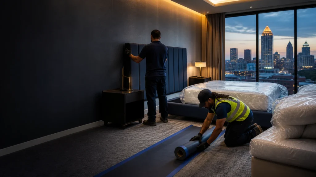 Flood Brothers crew at work: Hotel Moves and FF&E Installs That Guests Never Notice