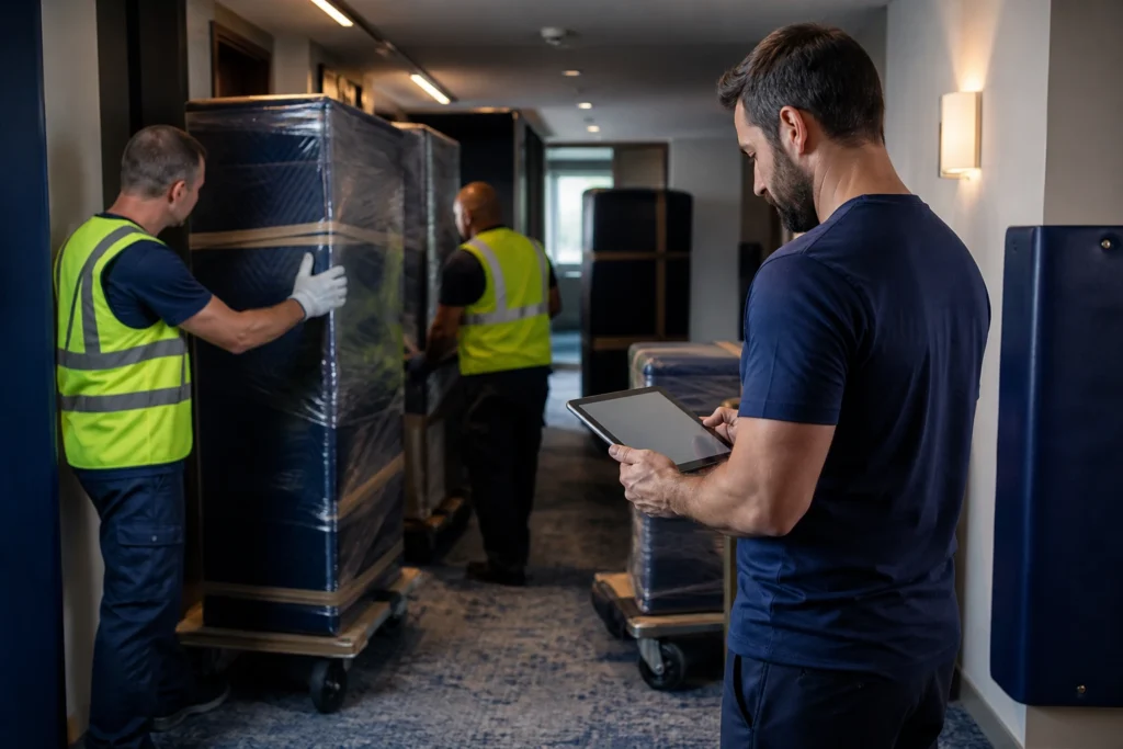 Flood Brothers installers staging casegoods in an Atlanta hotel guest room