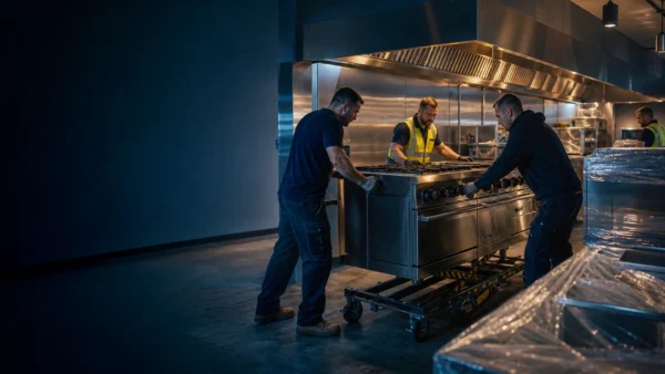 Flood Brothers crew at work: Your Kitchen Closes Sunday Night. It Cooks Again by Friday.