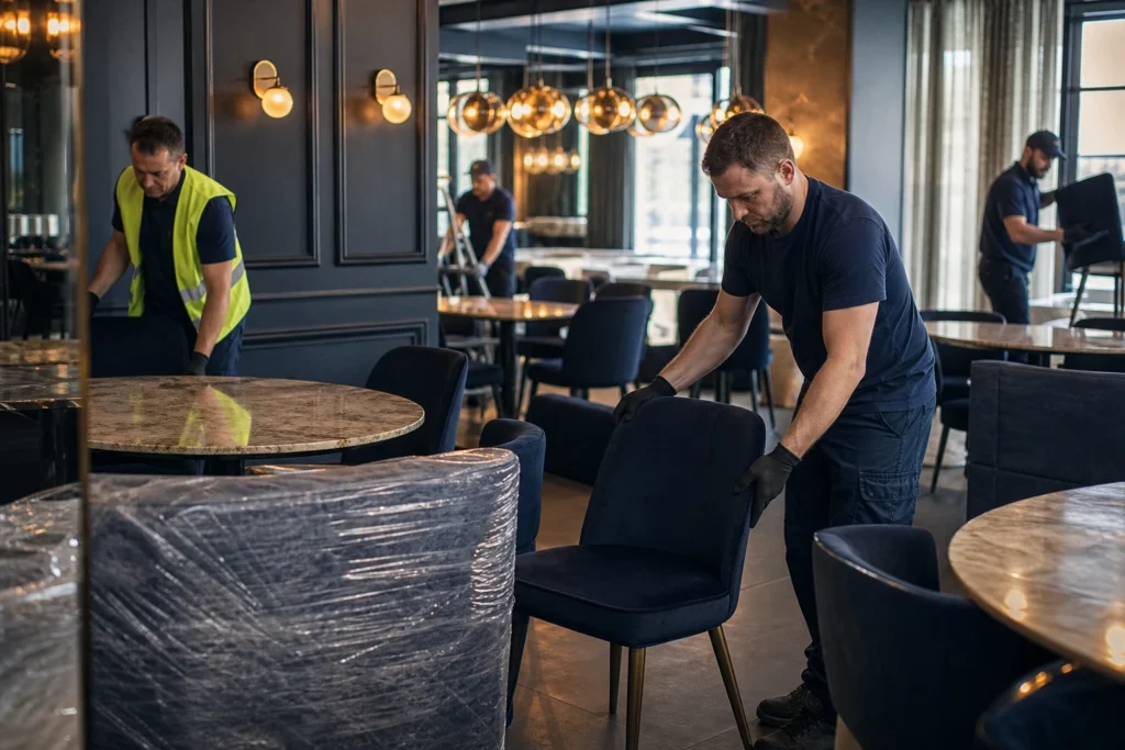 Flood Brothers crew resetting a commercial kitchen line in an Atlanta restaurant