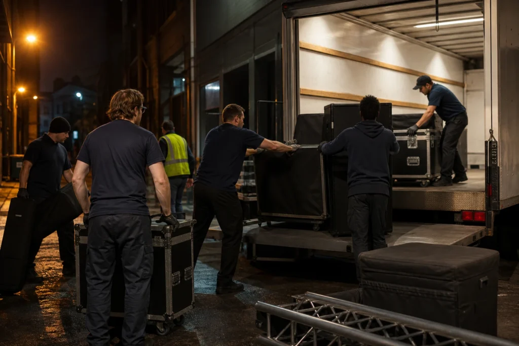 Flood Brothers crew loading bar and stage equipment out of a Nashville venue at night