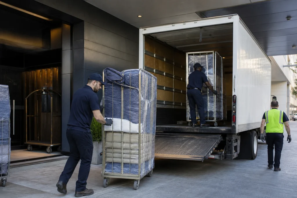 Flood Brothers installers setting furniture in a Nashville hotel guest room