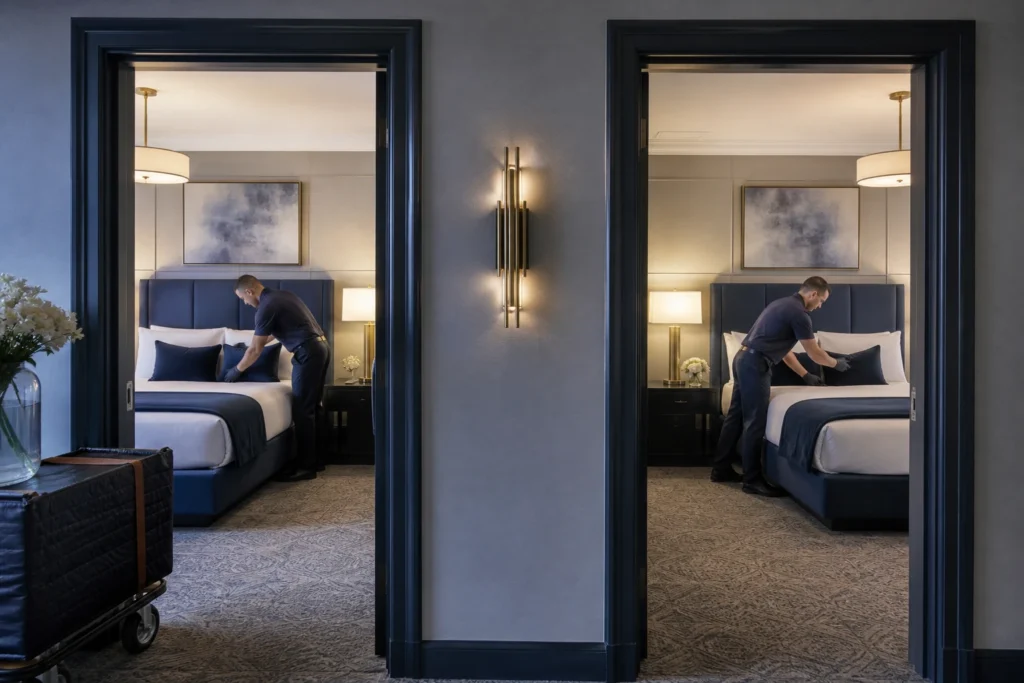 Flood Brothers installers completing a brand-standard hotel room installation