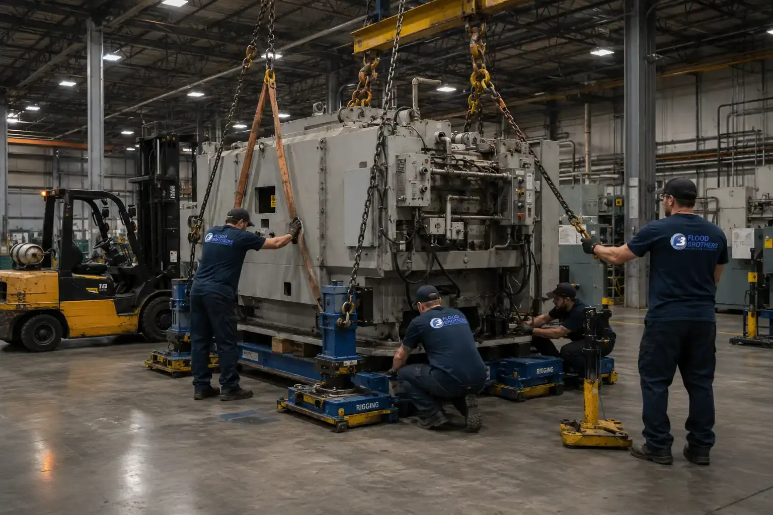 Riggers coordinating a heavy machinery move with rigging equipment