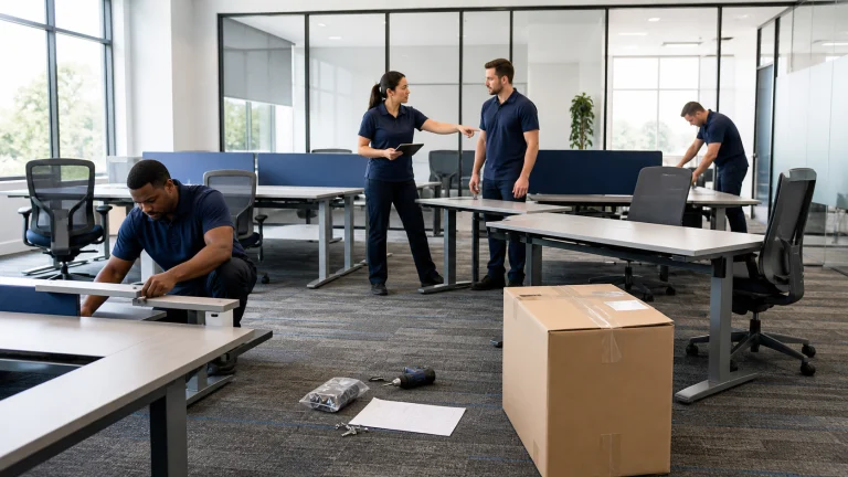 Commercial installers assembling office furniture while correcting common installation mistakes