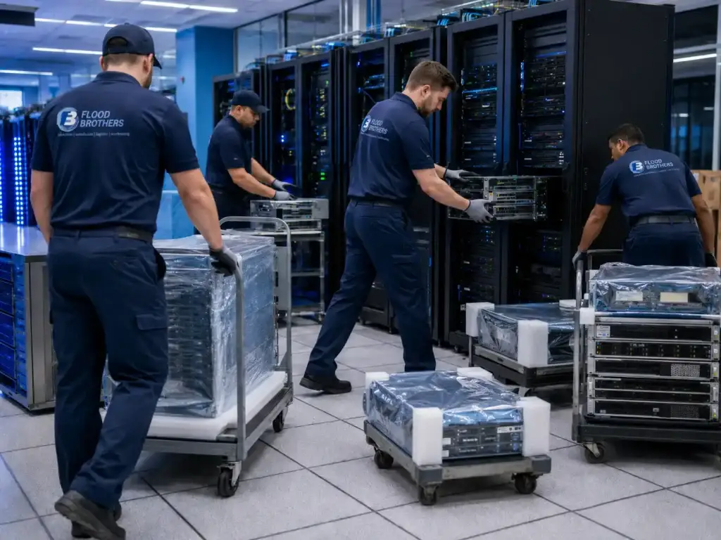 Technicians relocating server hardware during a data center move