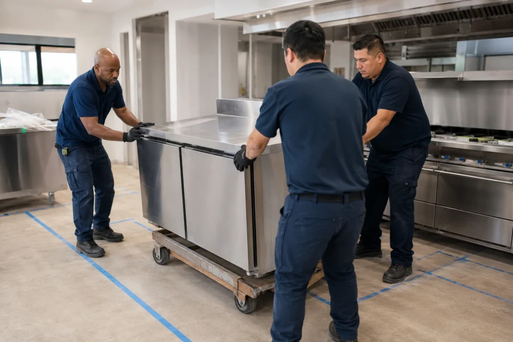 Commercial kitchen FF&E and line equipment staged for relocation and installation