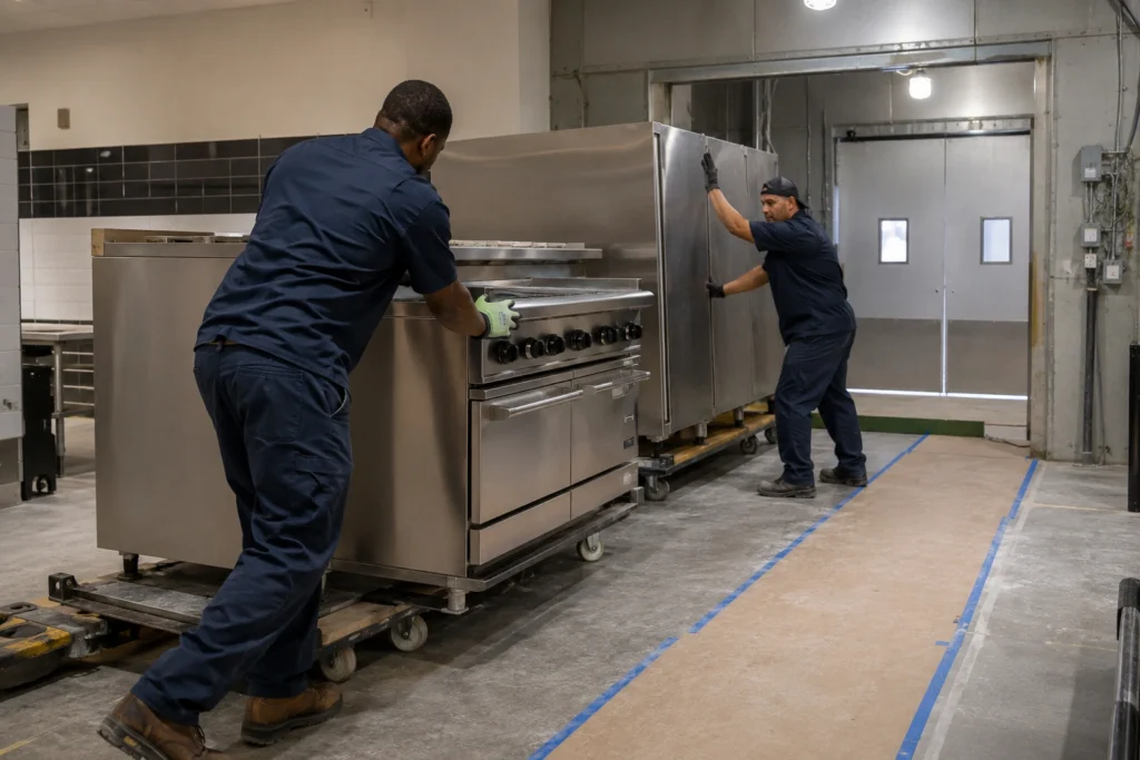 Flood Brothers in-house crew rigging and installing heavy kitchen equipment on schedule