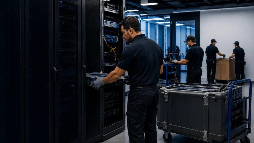 Flood Brothers IT relocation crew documenting and handling network equipment