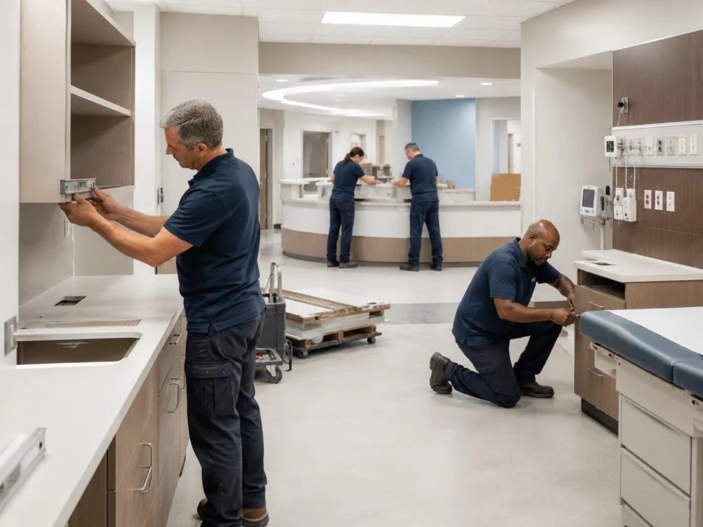 Flood Brothers in-house crew rebuilding exam rooms and casework at a new medical facility
