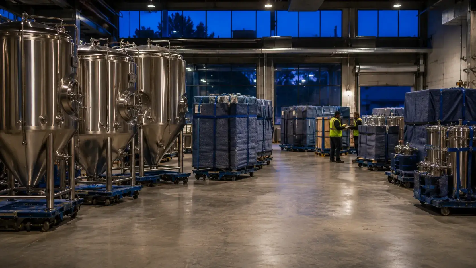 Brewing equipment staged during an after-hours brewery relocation