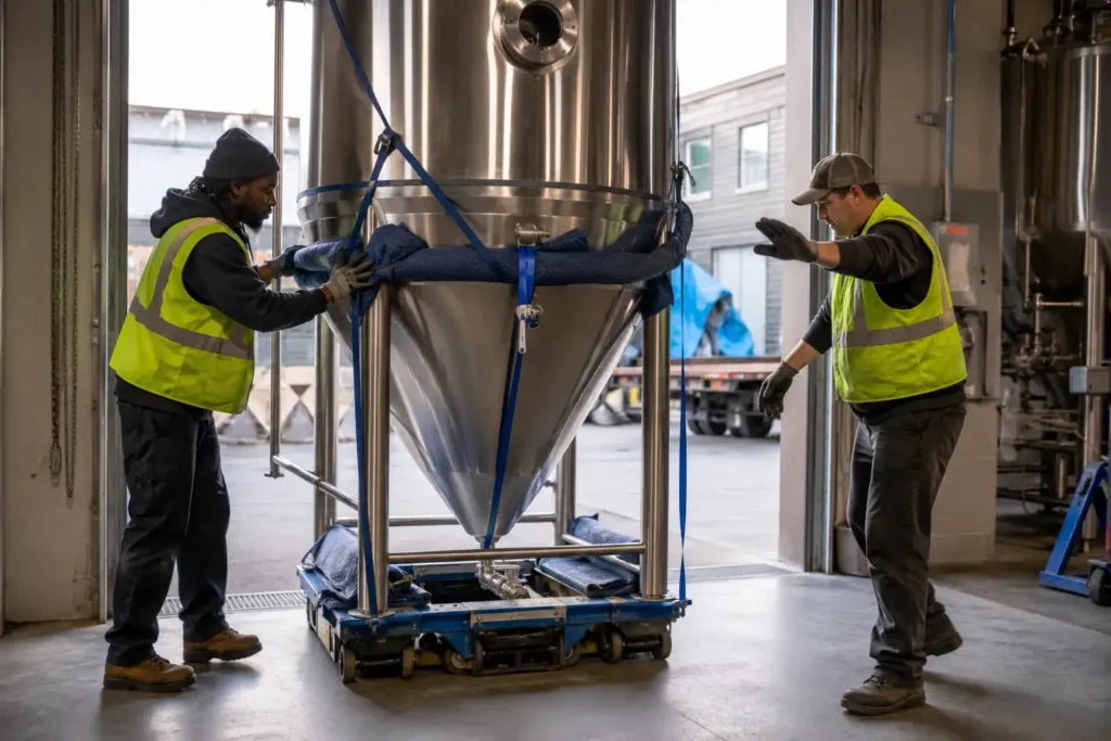 Flood Brothers riggers coordinating a heavy brewing tank relocation