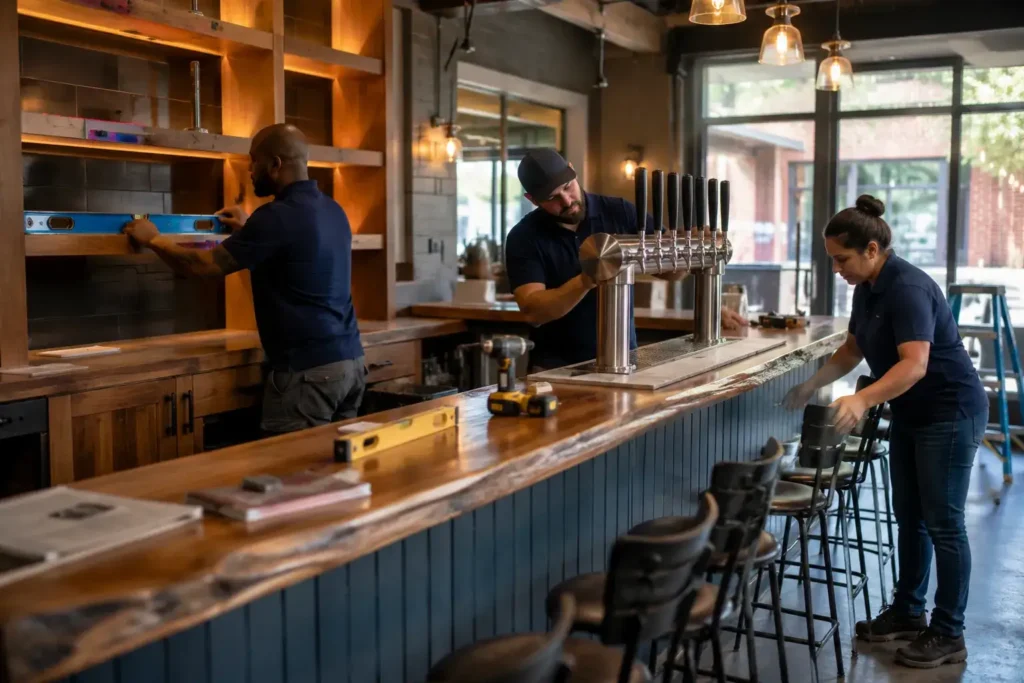 Flood Brothers installers reinstalling finished bar FF&E and taproom fixtures
