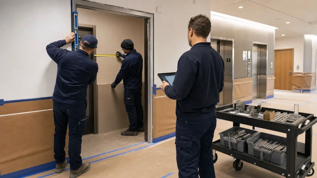 Commercial installers measuring and field-verifying a hollow-metal door opening in a protected corridor
