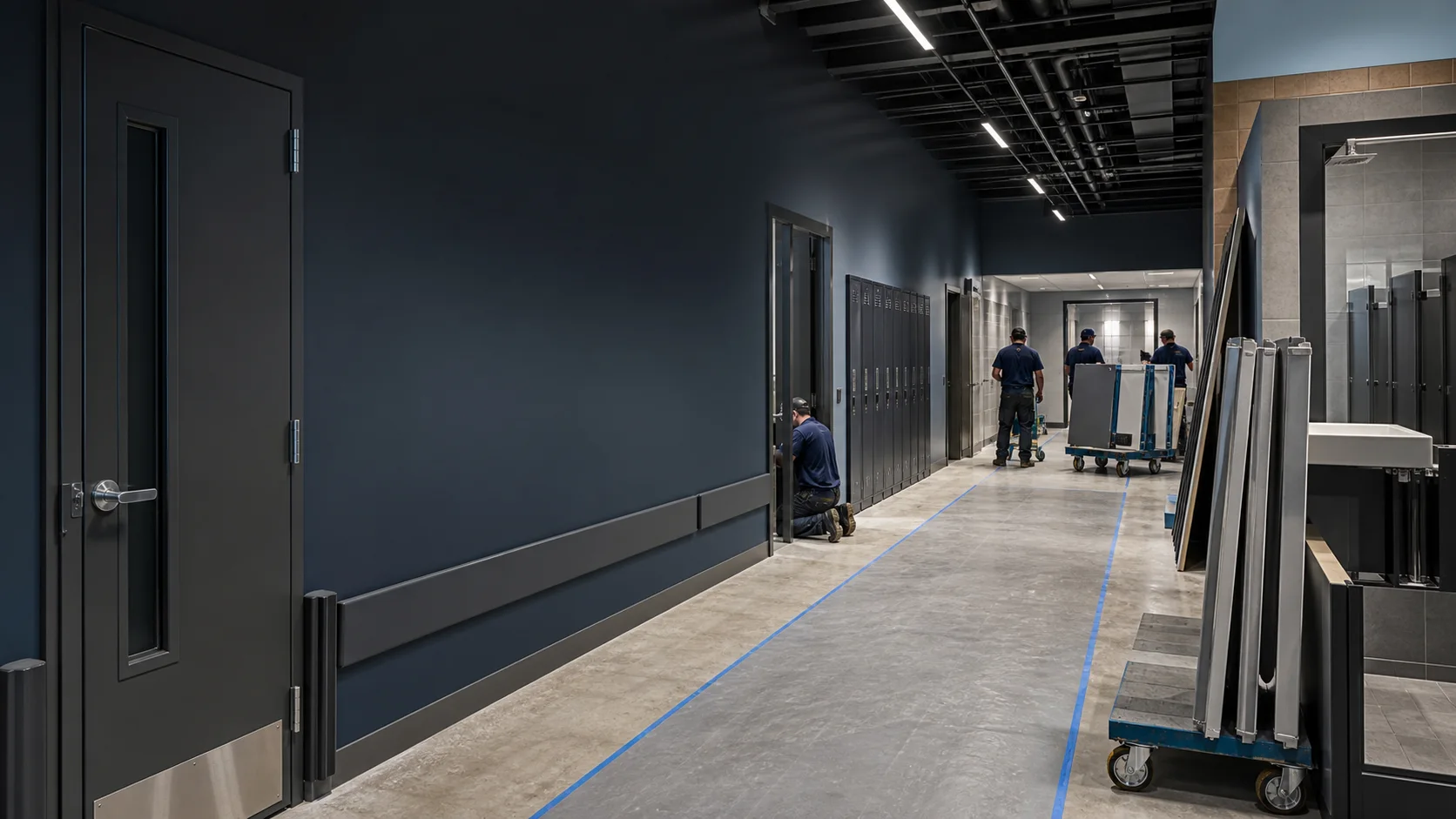 Commercial facility installation of doors, lockers, partitions, and protection systems