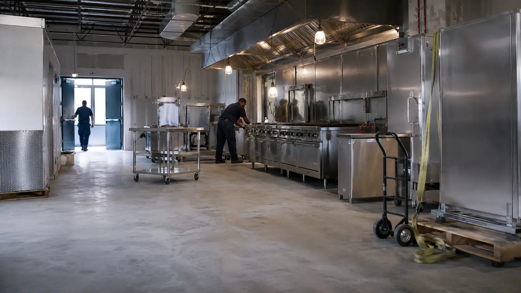 Heavy commercial kitchen equipment being rigged and set on a tight pre-opening schedule