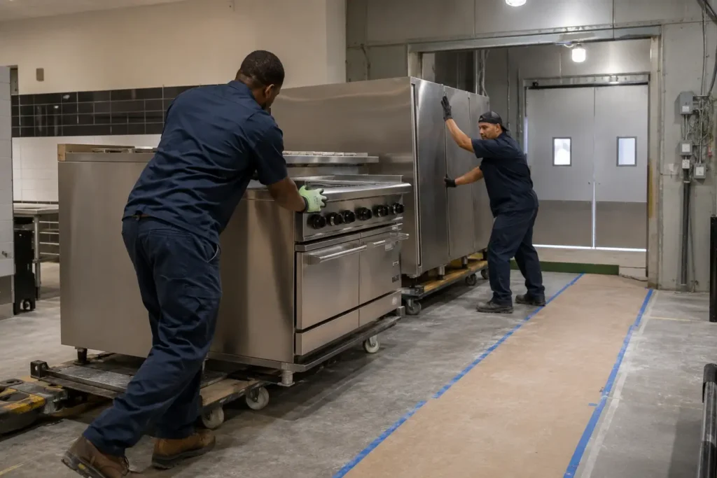 Flood Brothers in-house rigging crew handling heavy commercial kitchen equipment