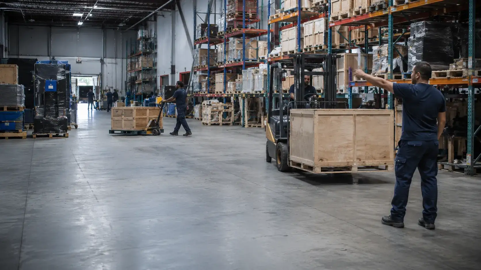 Heavy material-handling machinery staged for an after-hours warehouse relocation