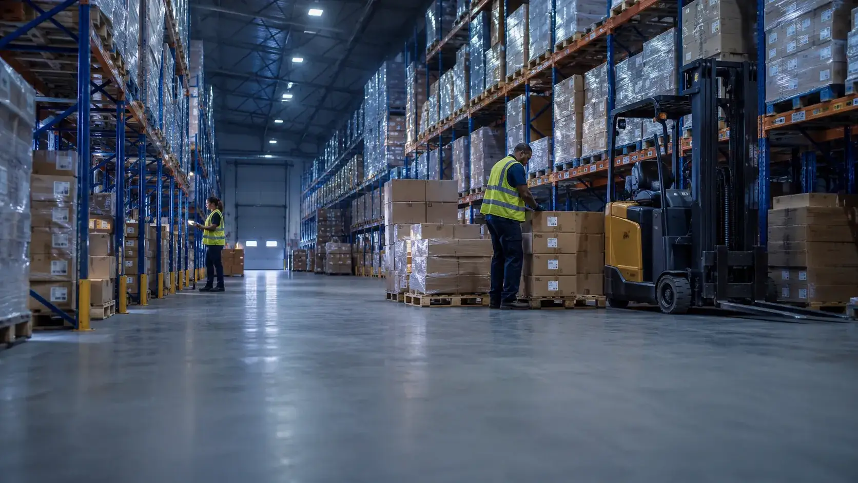 Flood Brothers crew working in a racked commercial warehouse