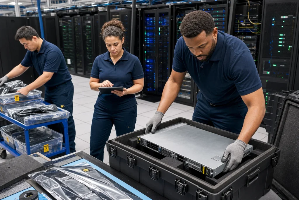 Flood Brothers data center relocation crew crating servers with anti-static handling and documented chain of custody