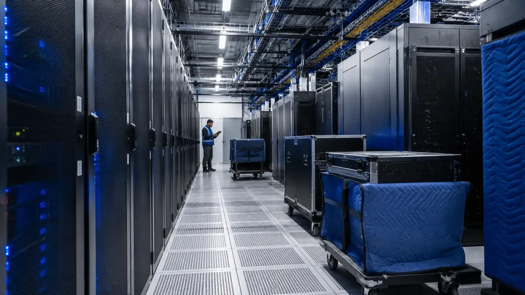 Data center and IT infrastructure facility interior during a planned relocation
