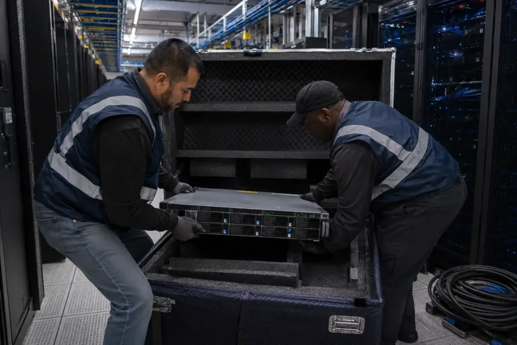 Flood Brothers crew relocating server hardware and racks for a technology company