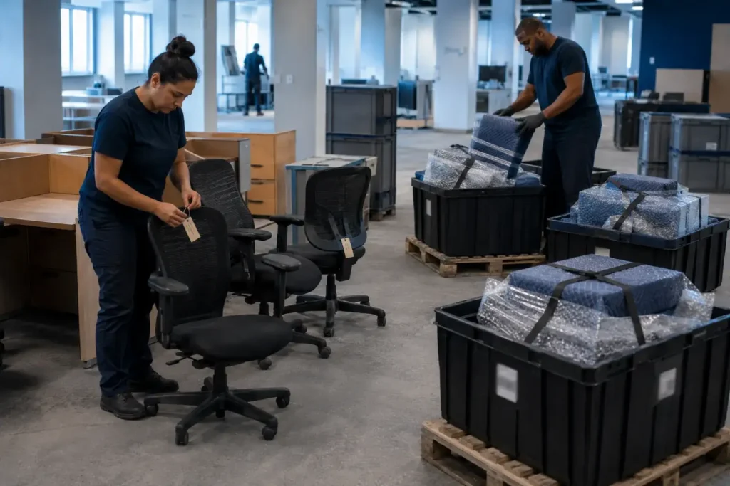 Warehouse workers sorting furniture and equipment for resale, donation, and recycling