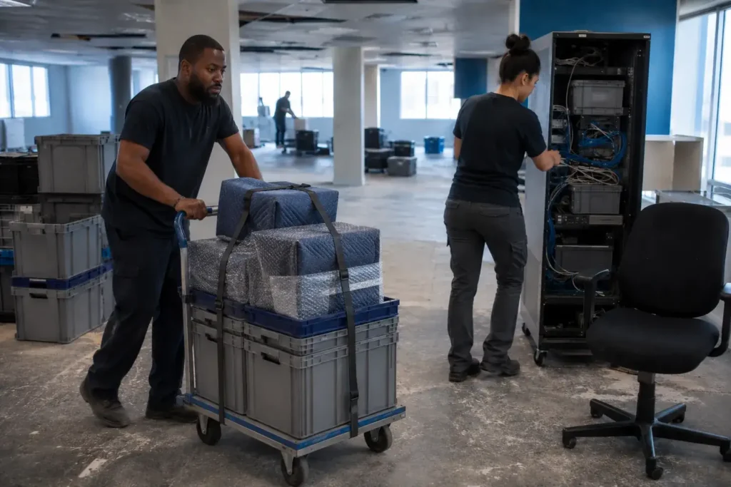Flood Brothers crew clearing IT equipment and office furniture during a facility decommission
