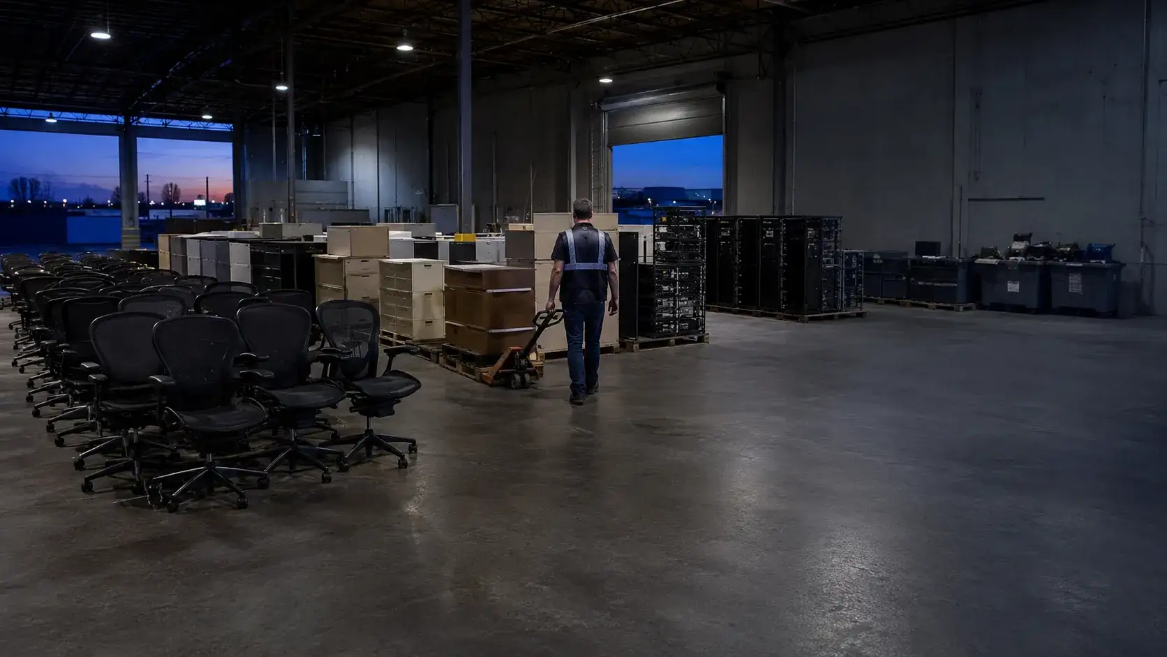Stacks of office furniture and IT equipment sorted for resale, donation, and recycling in a warehouse