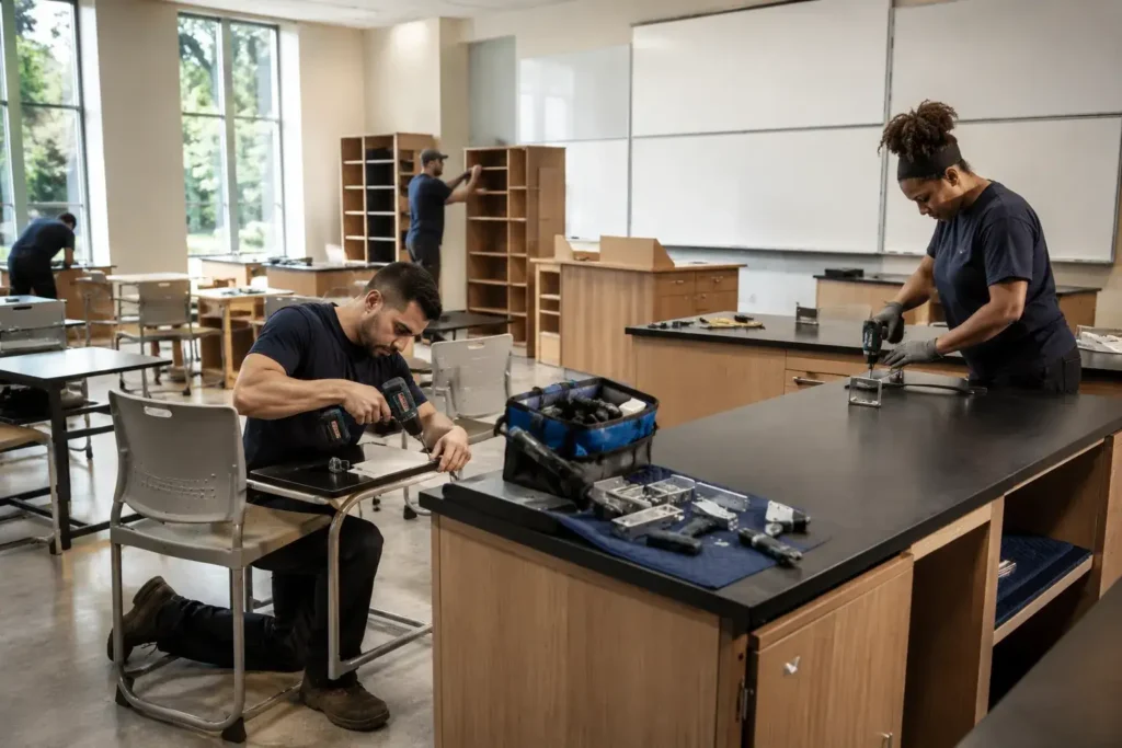 Flood Brothers in-house crew rebuilding classroom and lab furniture on campus