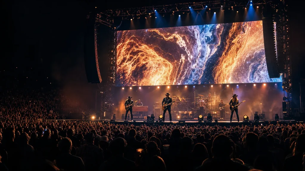 Country band performing with guitars and keyboards on a large arena stage