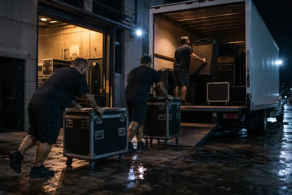Touring crew loading backline and road cases into a truck at a venue dock at night