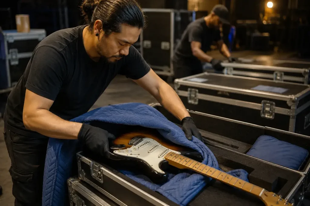 In-house Flood Brothers crew padding and casing instruments before staging a truck for load-in