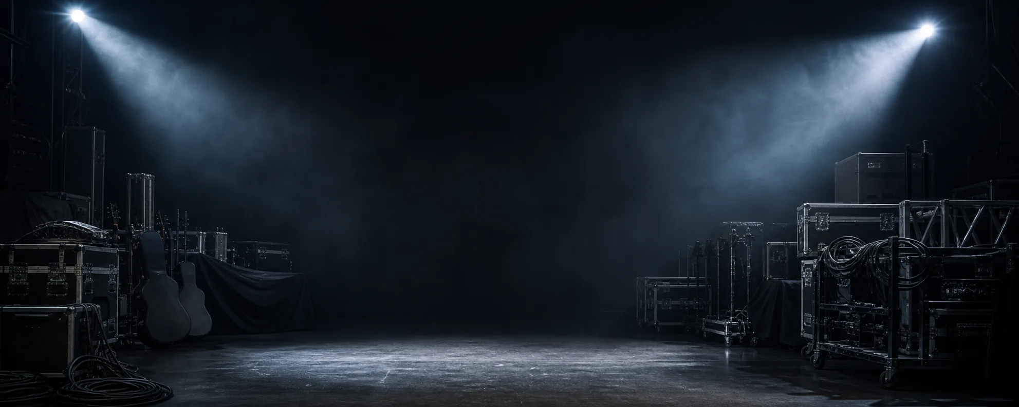 Touring road cases and instrument cases staged beneath concert spotlights before load-in