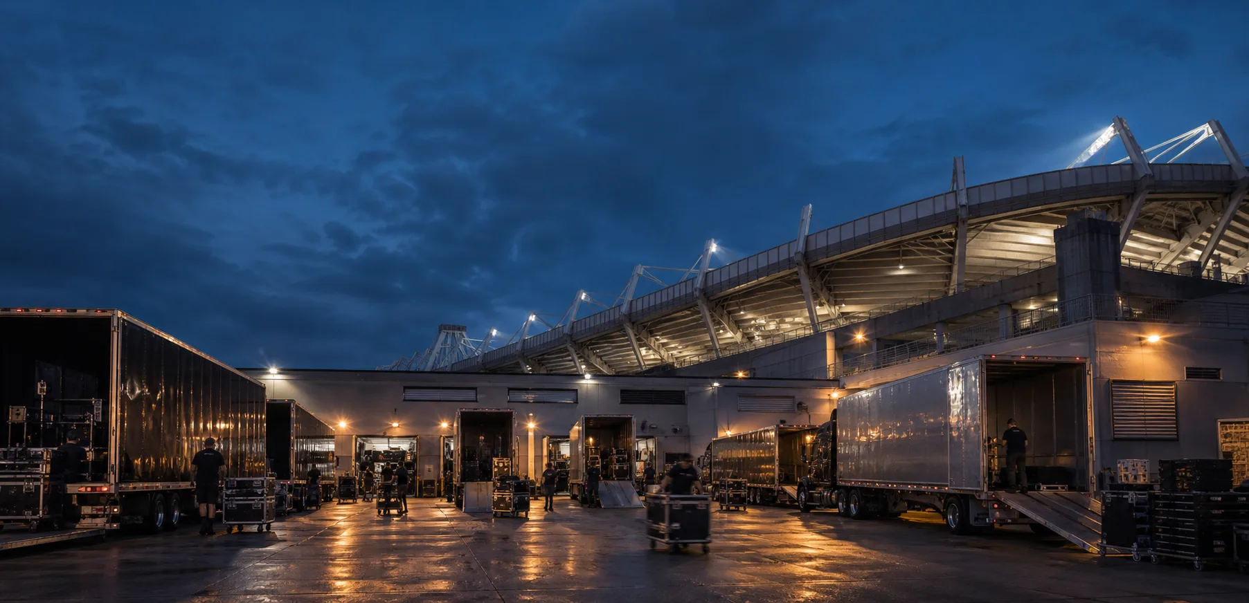 Tour trailers unloading production road cases at a stadium service entrance before a show