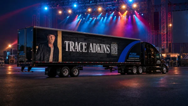 Black Flood Brothers Trace Adkins tour truck beneath colorful concert lights