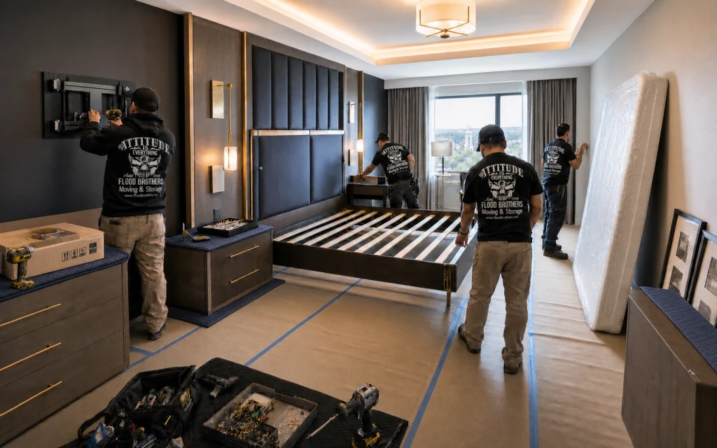 Flood Brothers crew performing protected furniture fixtures and equipment installation throughout a hotel room