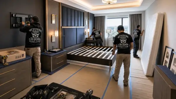 Flood Brothers crew performing protected furniture fixtures and equipment installation throughout a hotel room