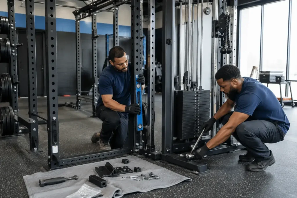 In-house Flood Brothers crew assembling and leveling commercial gym equipment on a finished floor