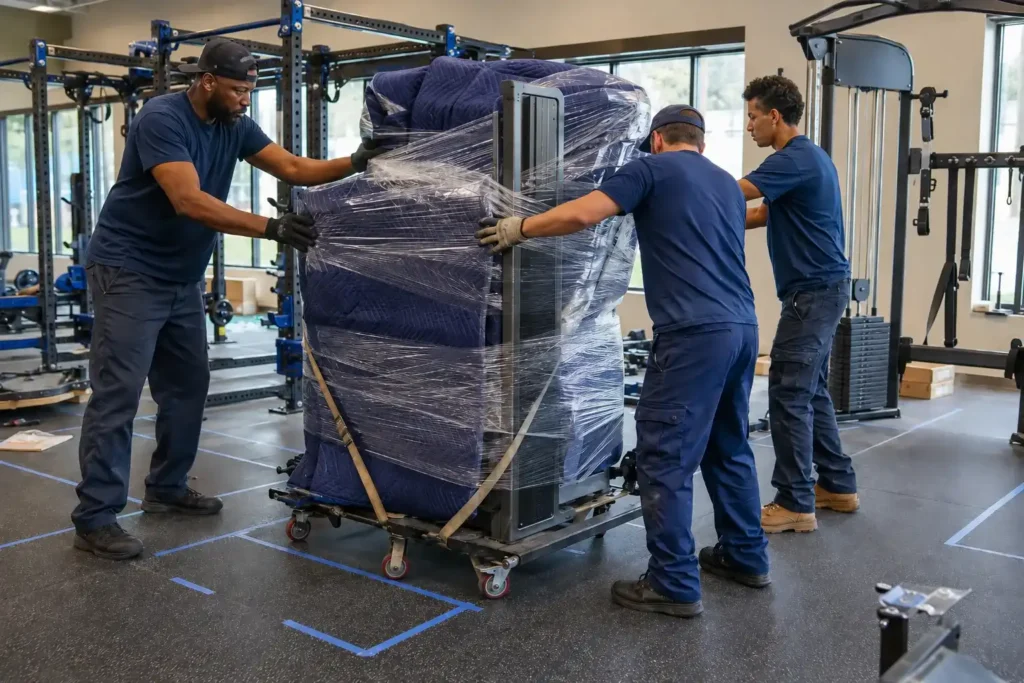 Flood Brothers crew moving and placing heavy commercial gym equipment to the floor plan