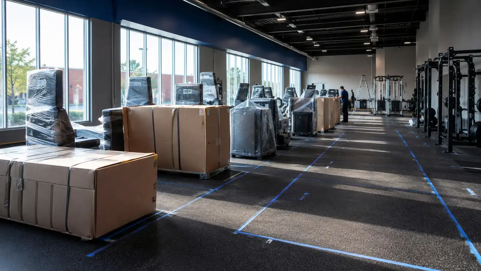 Commercial fitness equipment installation staged and sequenced before opening day