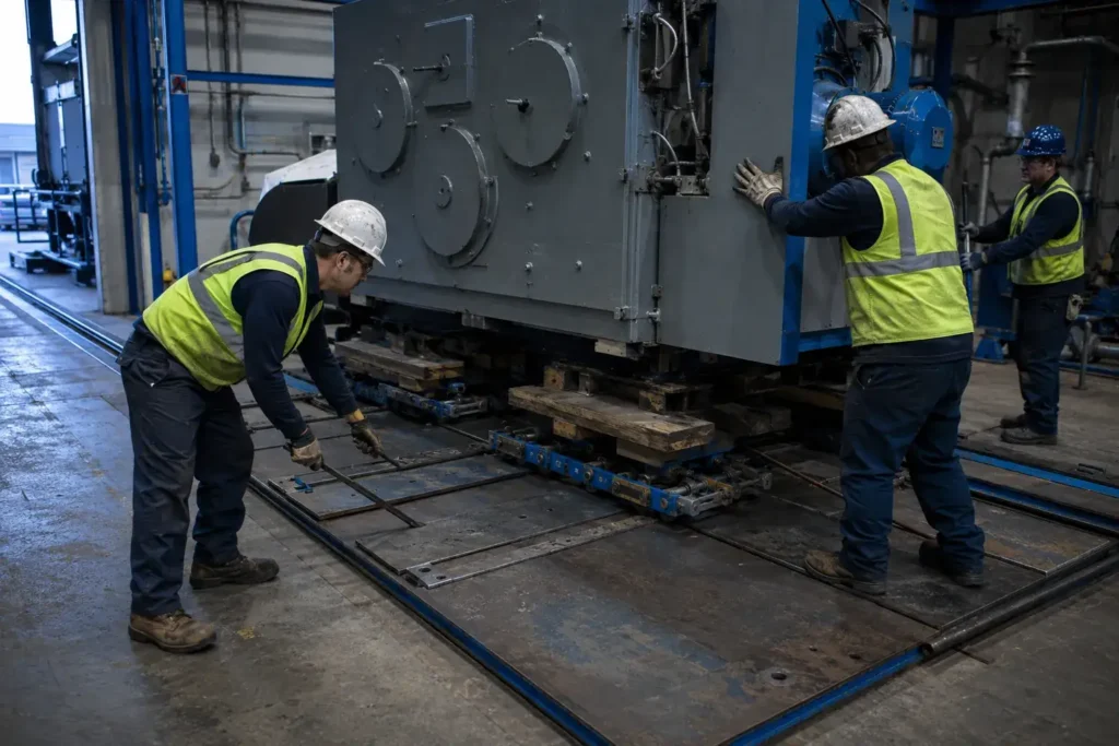 Flood Brothers in-house riggers skating a heavy machine along an engineered path