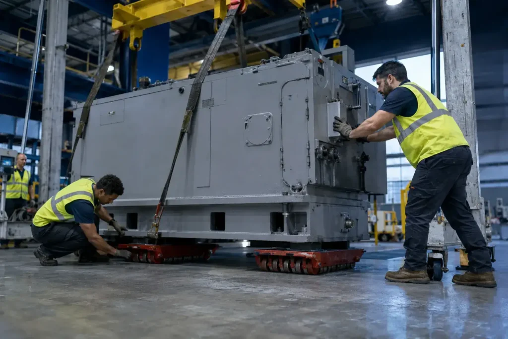 Flood Brothers crew rigging heavy industrial machinery for relocation