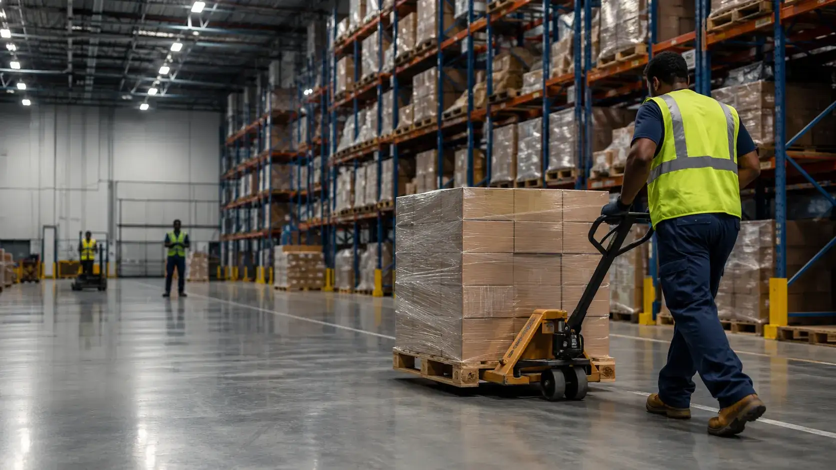 Flood Brothers crew working in a racked commercial warehouse