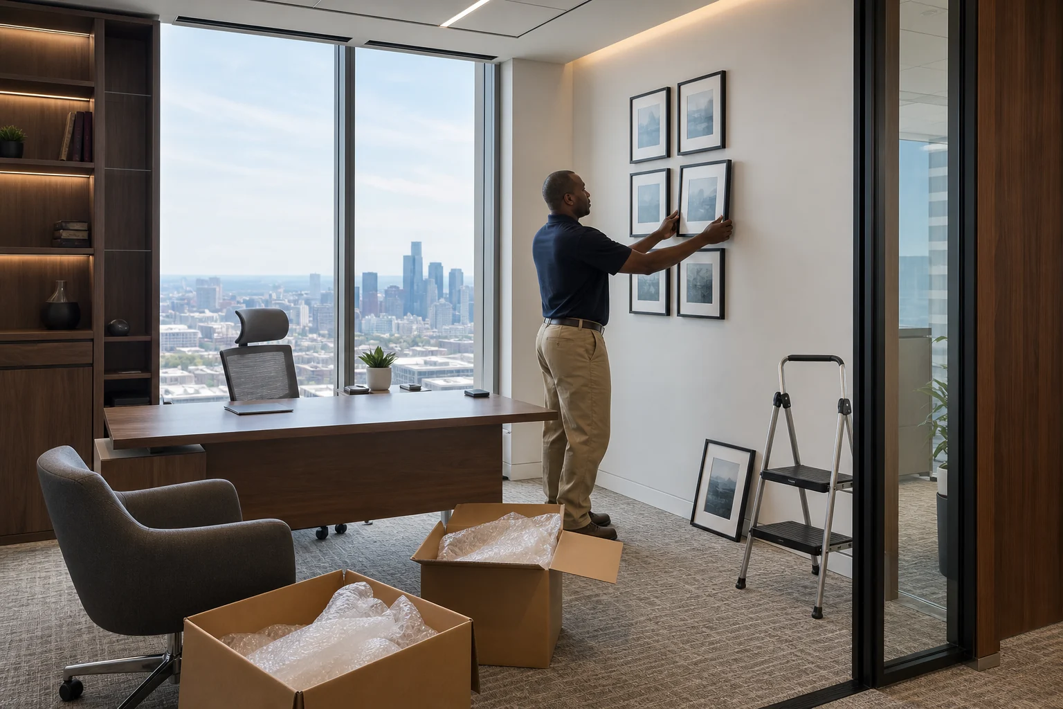 Flood Brothers completing final artwork placement during a law firm office relocation