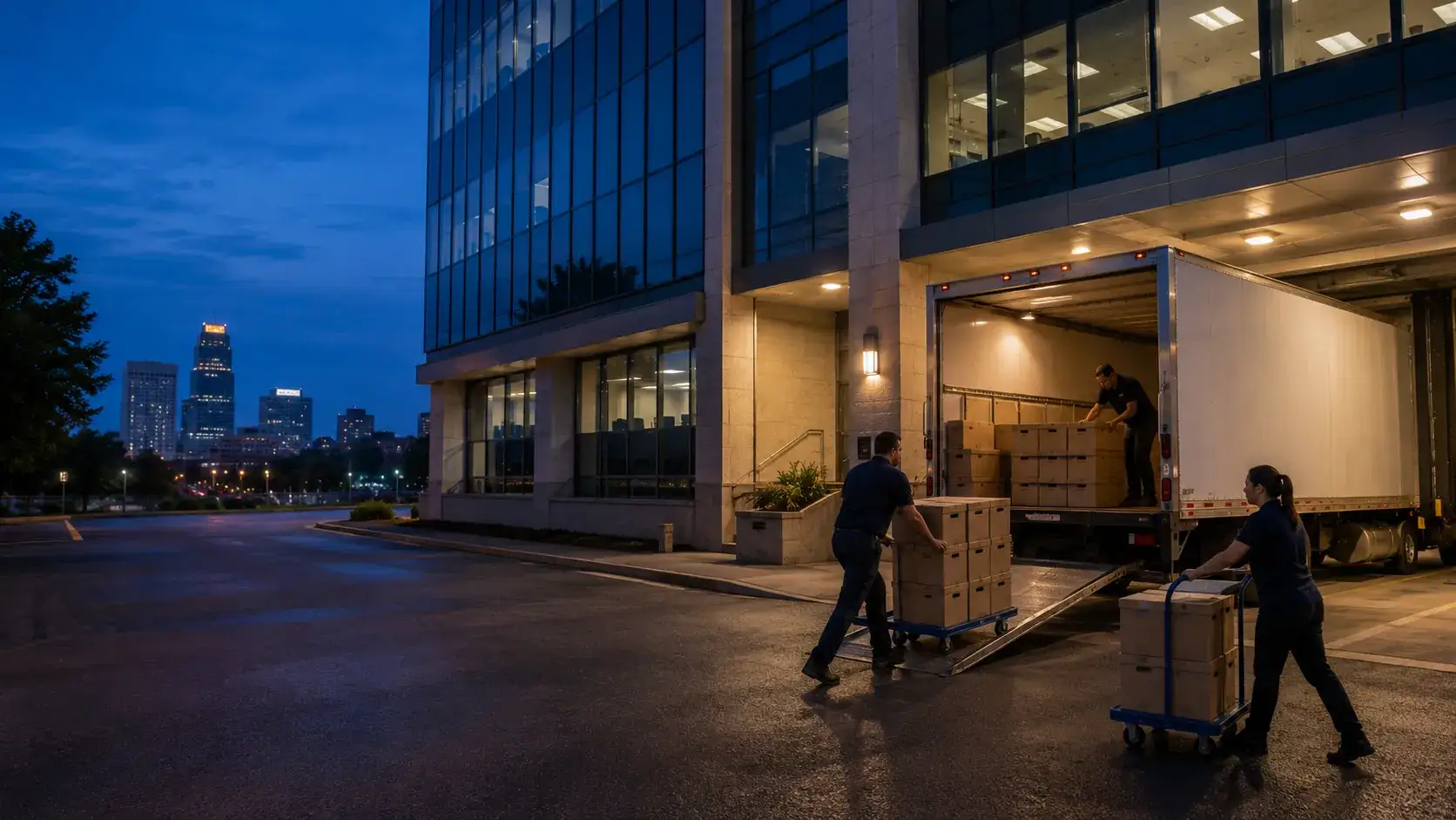 Law firm office building relocation in progress after hours