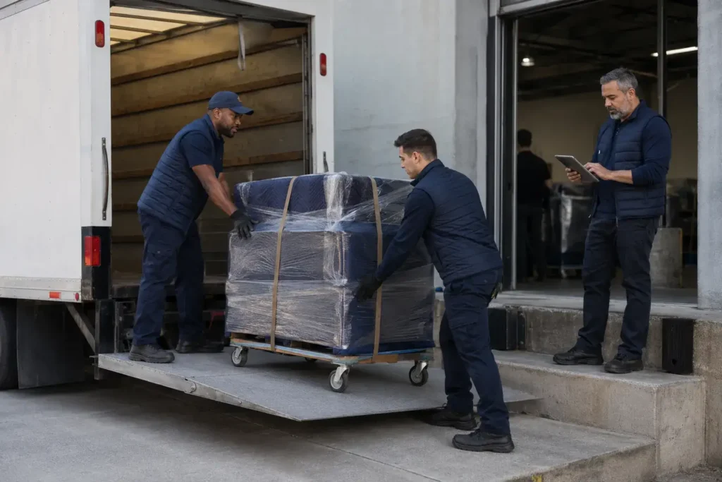 Flood Brothers crew unloading a box truck for a scheduled appointment-based commercial delivery at a building loading dock