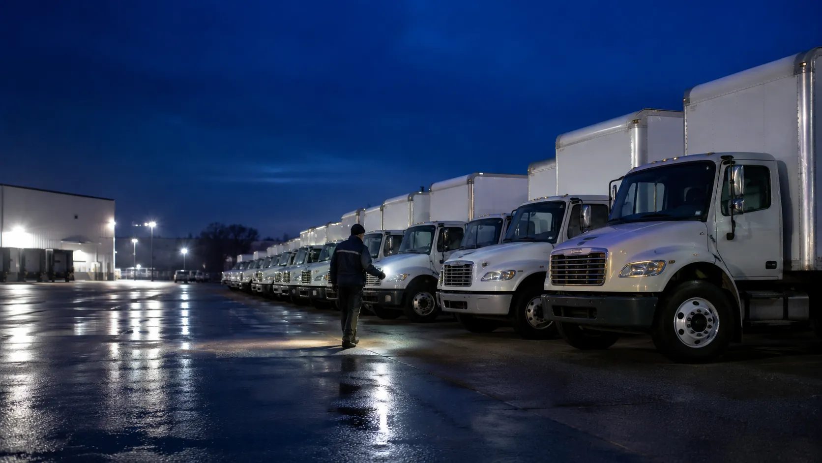 Flood Brothers logistics box trucks staged at night for nationwide multi-site final mile delivery